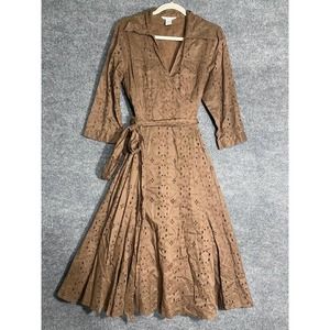 cAbi 545 Midi Dress 12 Large Brown Eyelet V-Neck A-Line Preppy